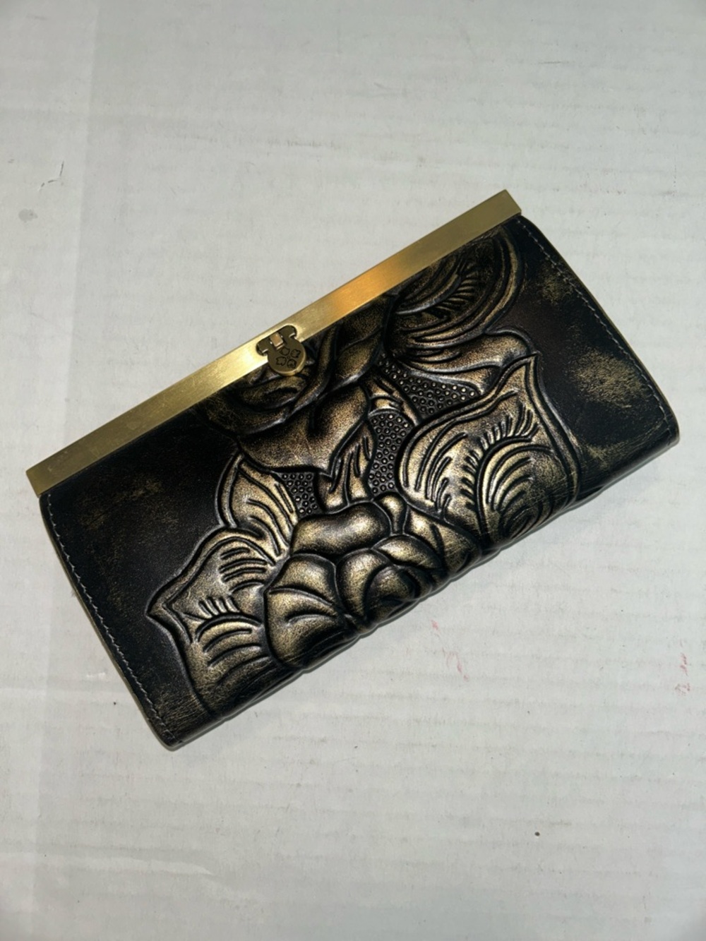 Patricia Nash Cauchy Frame Wallet metallic gold  embossed black leather